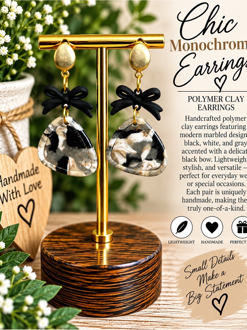 Black & White Marbled Polymer Clay Earrings with Black Bow Accent